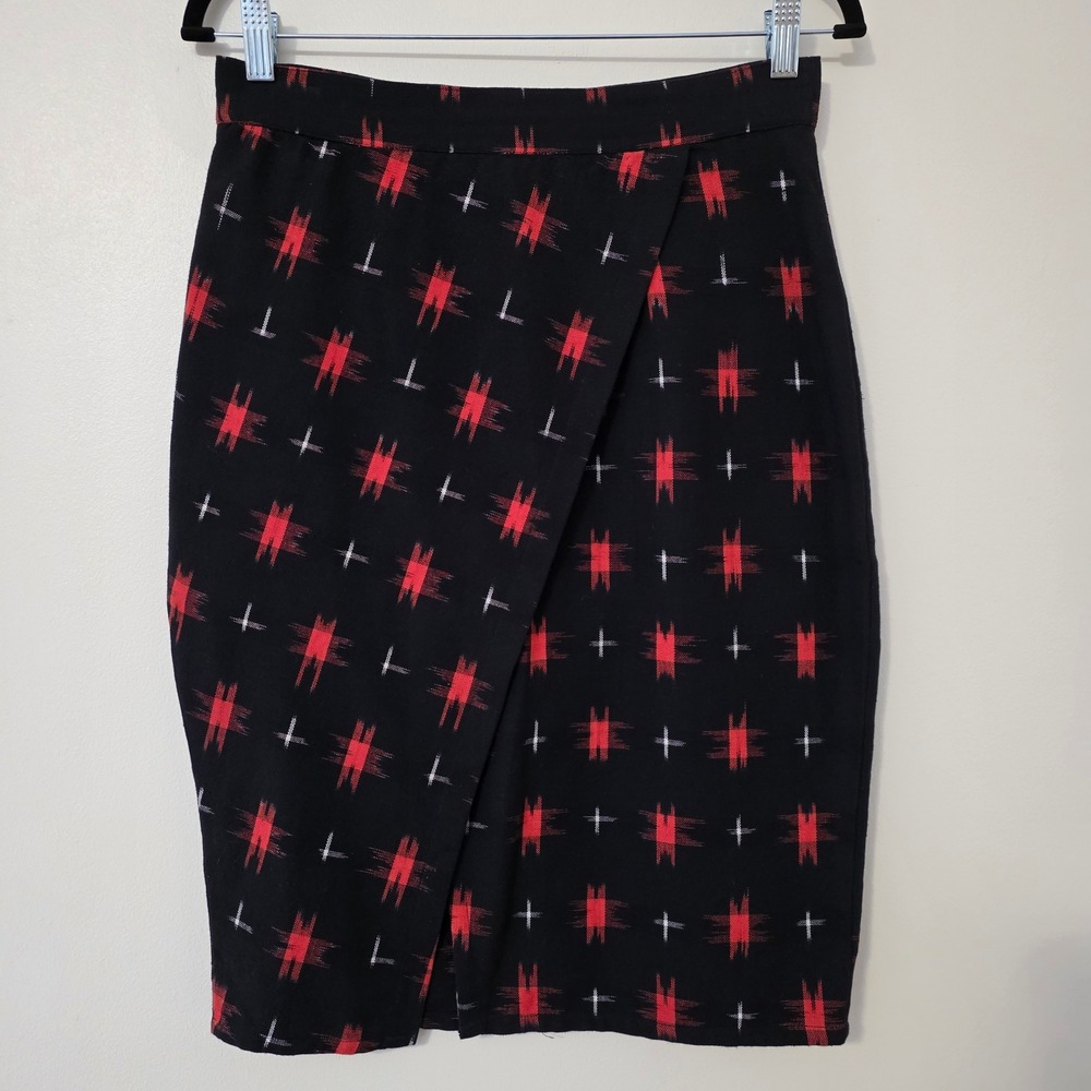 Mata Traders Asymmetric Skirt Sz S Faux Wrap Black Ikat Print Boho Career Office